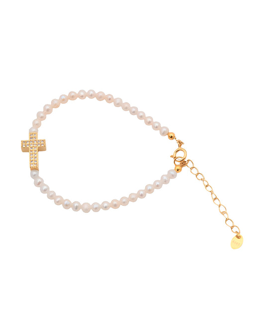 Pulsera perlas y cruz con circonitas