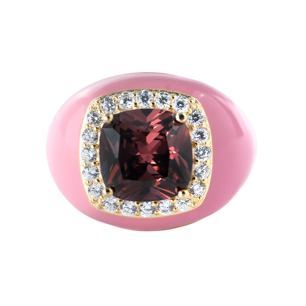 Anillo baño de oro con esmalte rosa