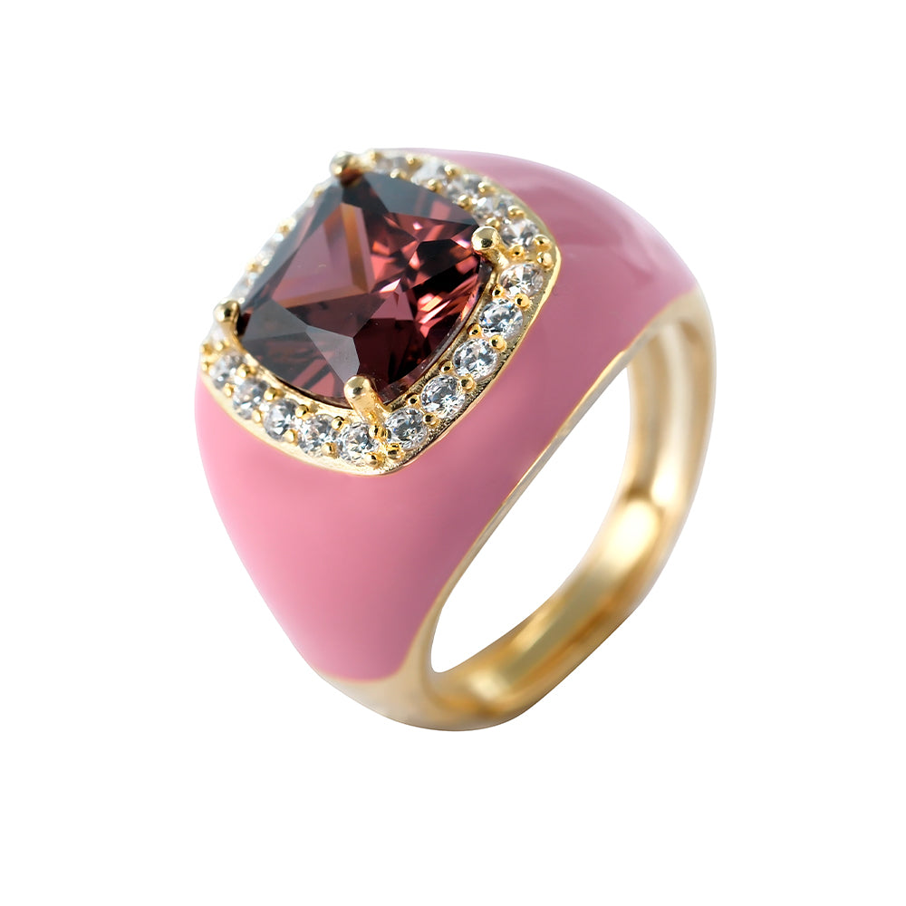 Anillo baño de oro con esmalte rosa