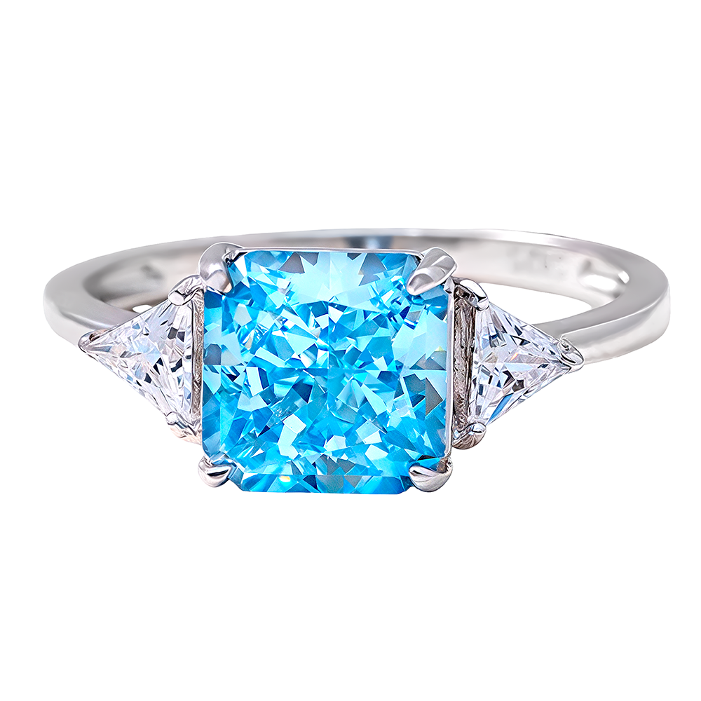 Anillo en plata 925 con centro talla carré color aguamarina y dos circonitas laterales talla triángulo – vista 3