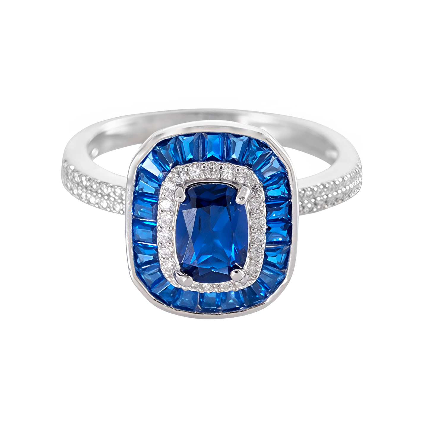 Anillo con centro color zafiro y orla alrededor