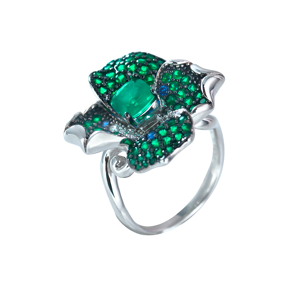 Anillo flor en plata con circonitas de colores