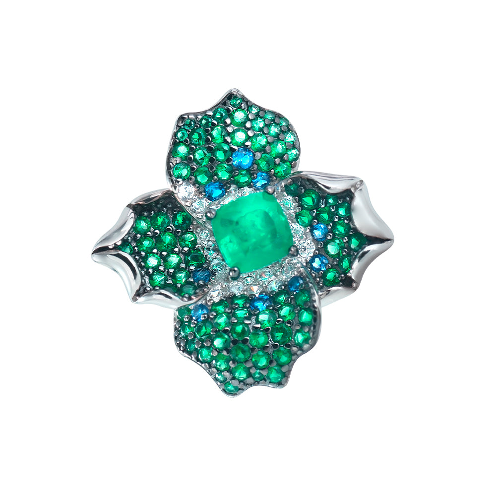 Anillo flor en plata con circonitas de colores