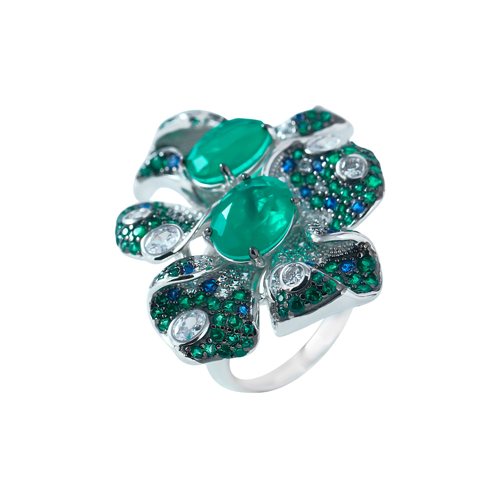 Anillo grande flor en plata con circonitas