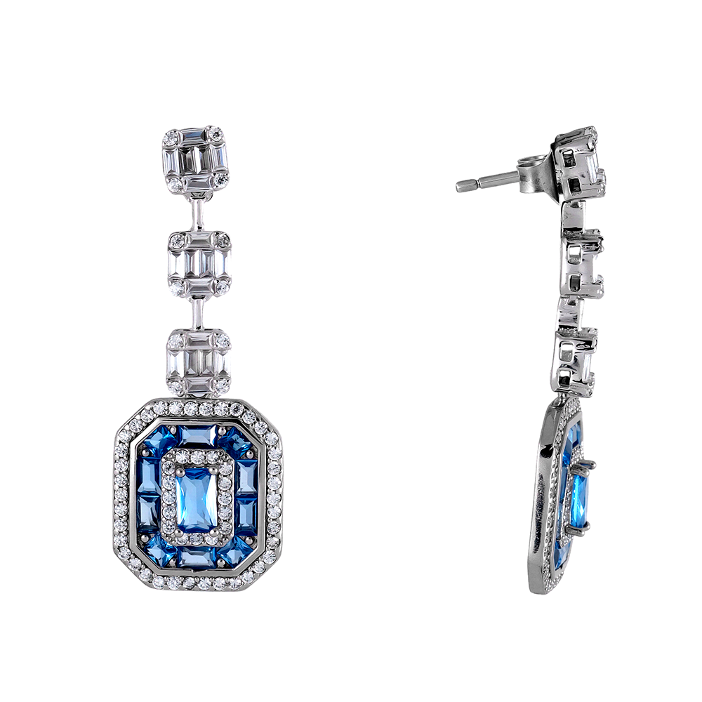 Pendientes en plata largos rosetas talla baguette aguamarina