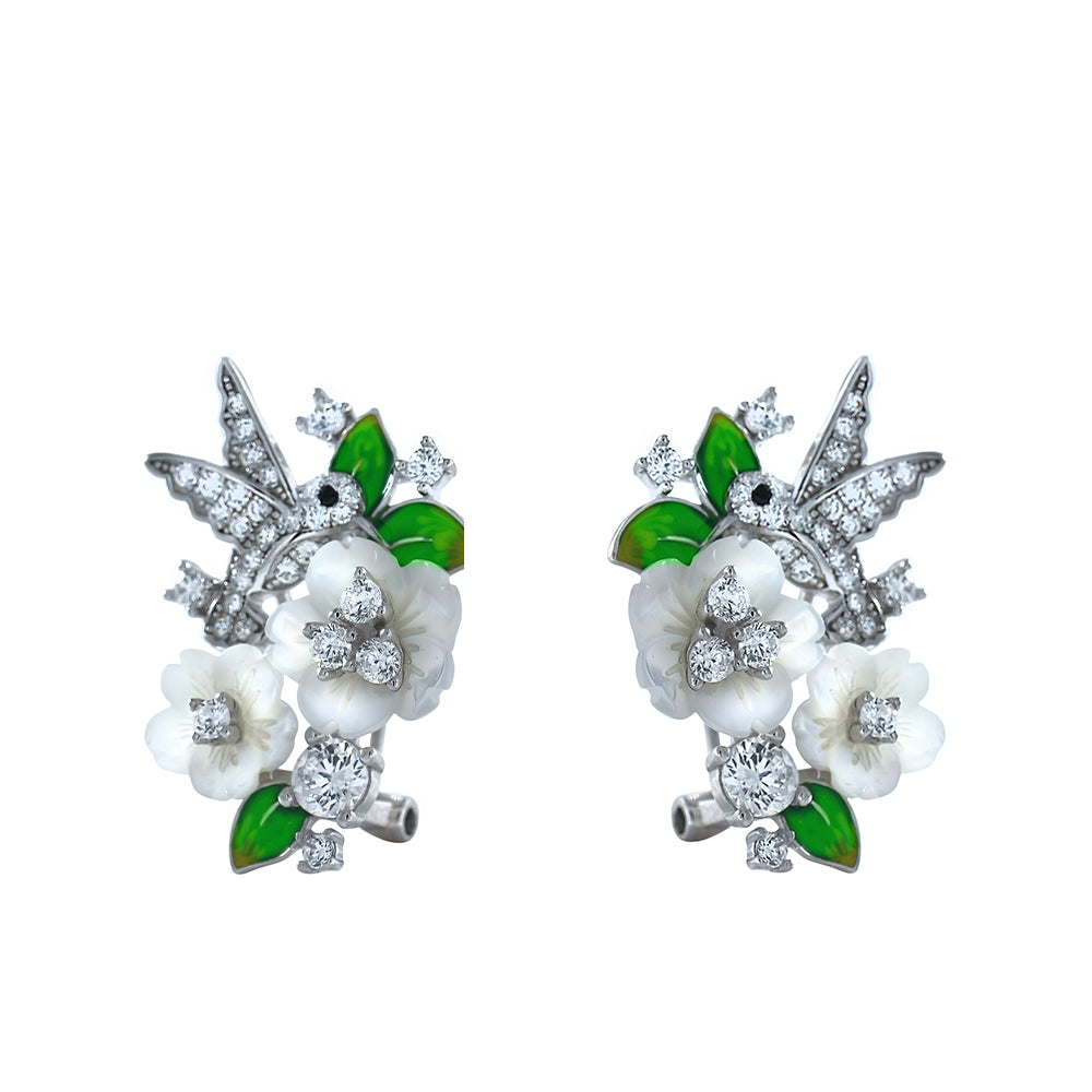 Pendientes con flores  y pajarito en circonitas