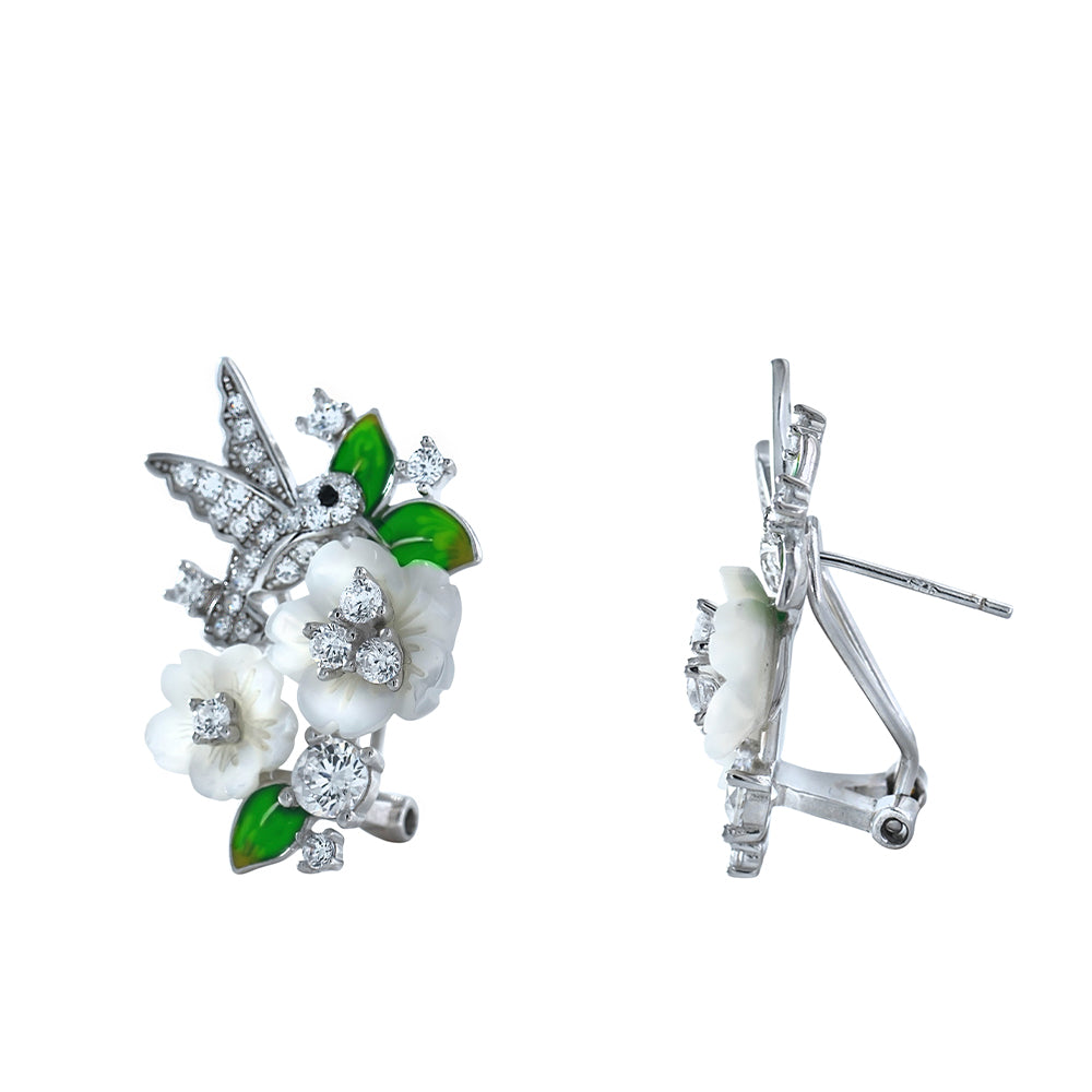 Pendientes con flores  y pajarito en circonitas