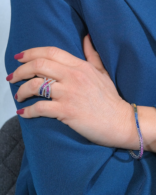 Anillo joya cruzado con circonitas de colores