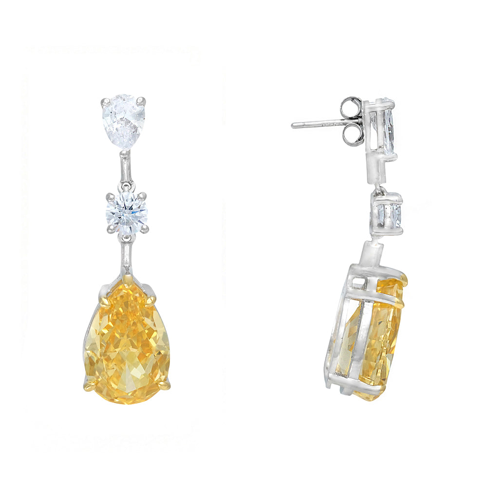 Pendientes largos en plata con piedras color diamante amarillo