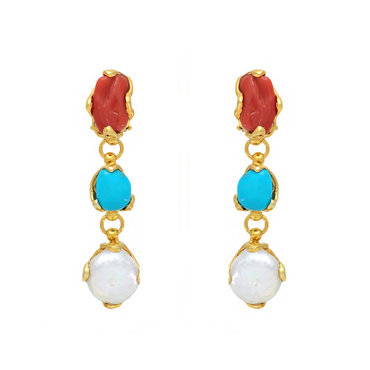 Pendientes largos con coral perla y turquesa