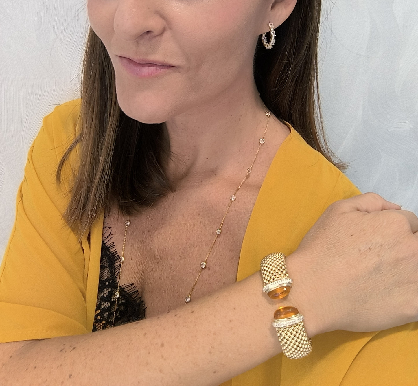 Pulsera malla baño oro ancha con piedras hidrotermal color citrino