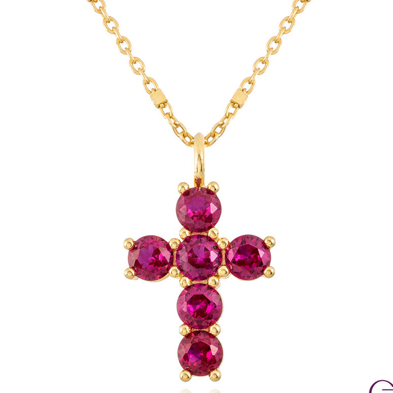 Silver cross with gold plating and ruby zircons