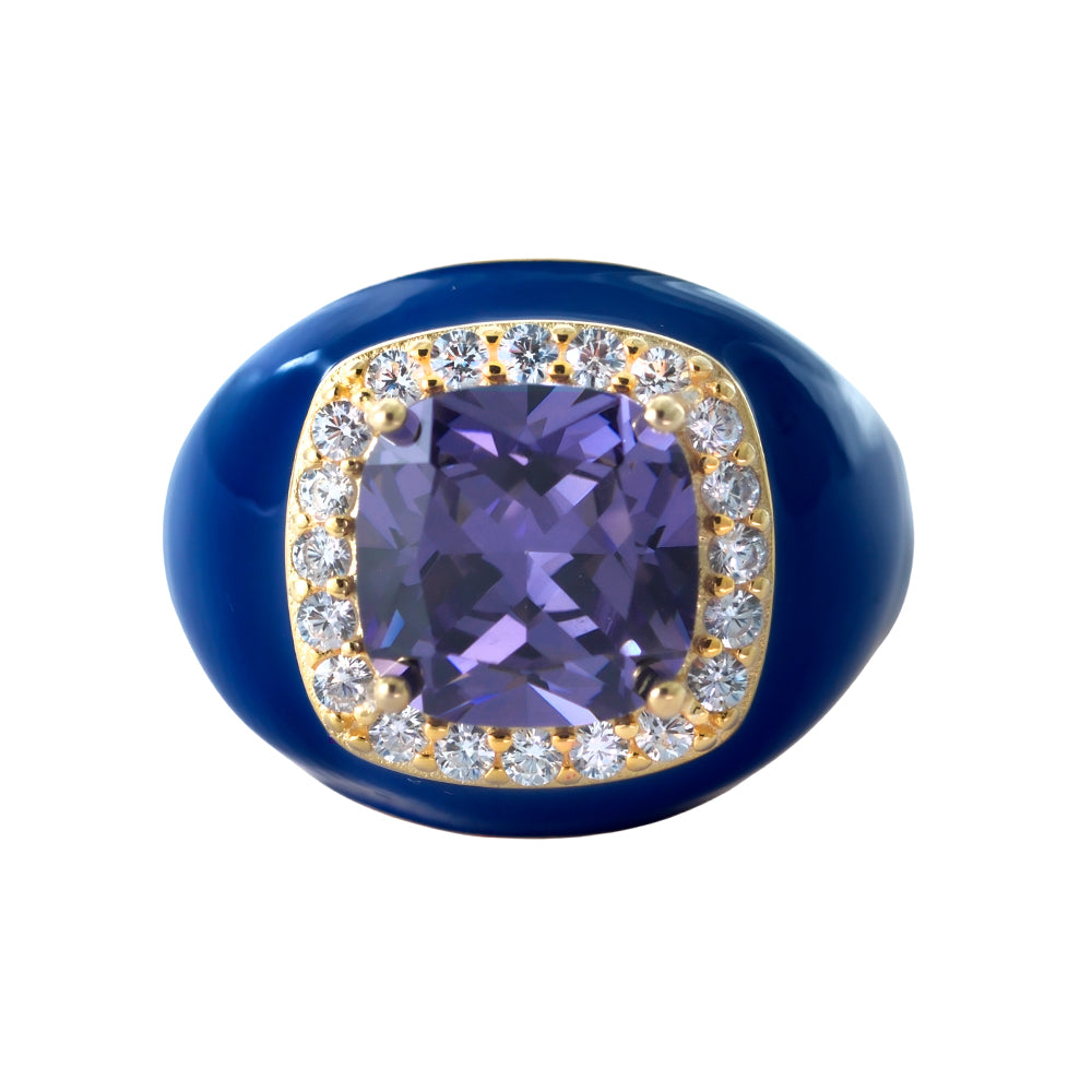 Anillo baño de oro con esmalte azul