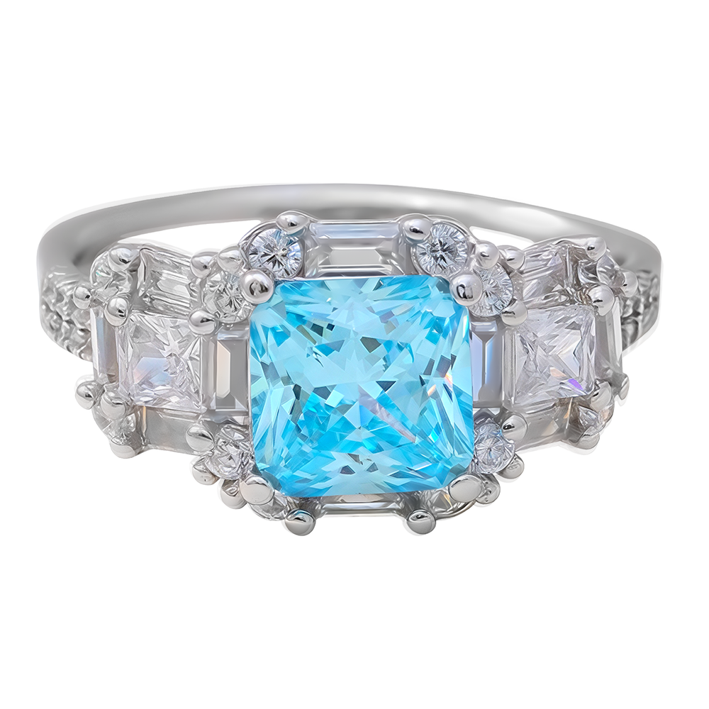 Anillo en plata 925 con centro talla carré color aguamarina y circonitas alrededor – vista 3