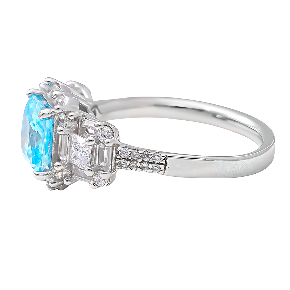 Anillo en plata 925 con centro talla carré color aguamarina y circonitas alrededor – vista 2