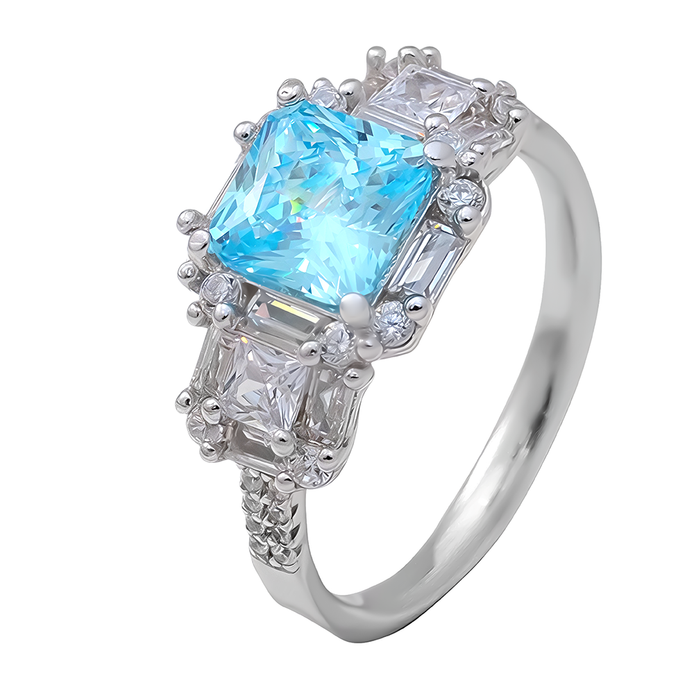 Anillo en plata 925 con centro talla carré color aguamarina y circonitas alrededor – Kebel