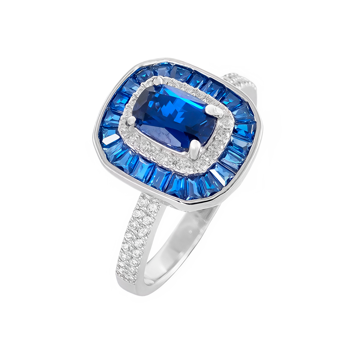 Anillo con centro color zafiro y orla alrededor
