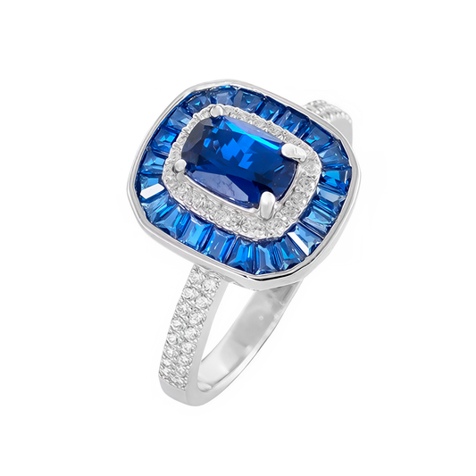 Ring with a sapphire-colored center and a halo around it