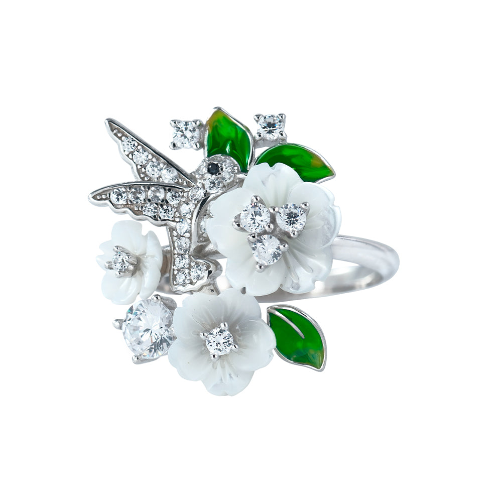 Silver ring with flowers and a little bird 