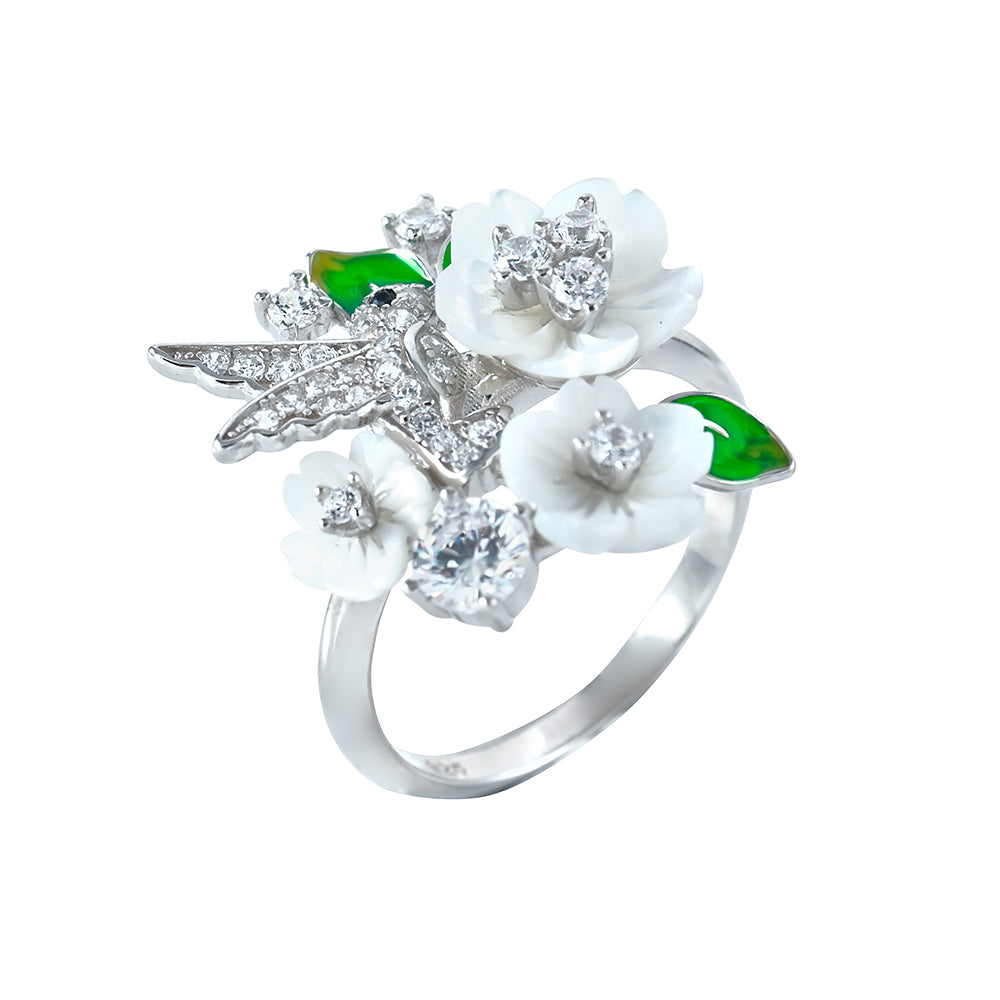 Silver ring with flowers and a little bird 