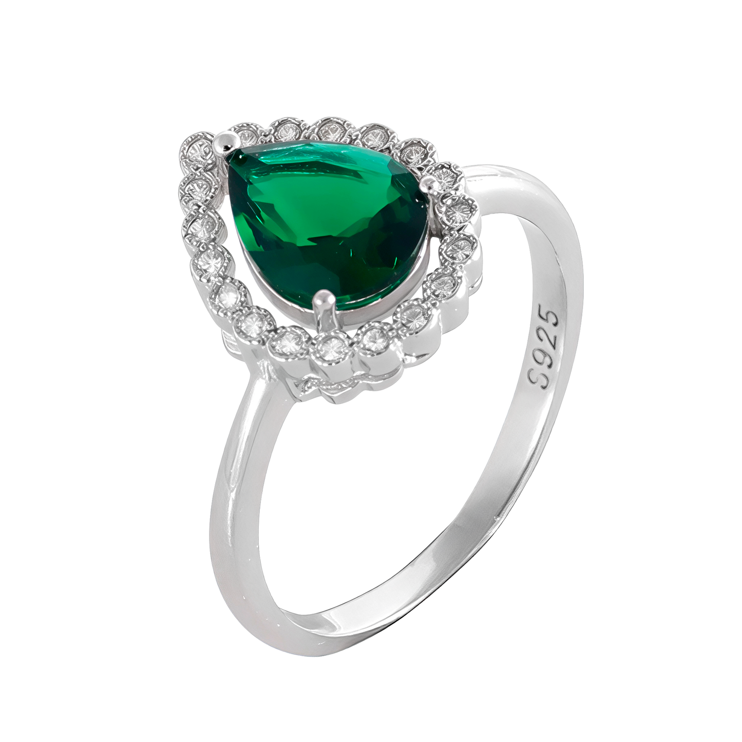 Ring with emerald-colored center and halo around