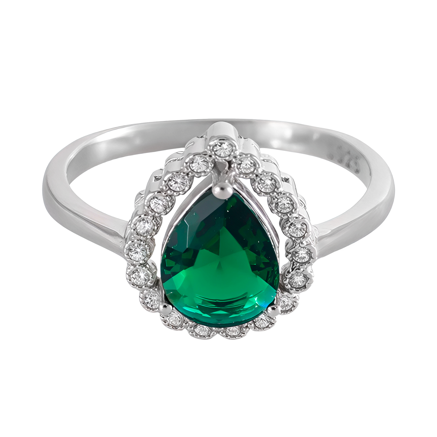 Ring with emerald-colored center and halo around