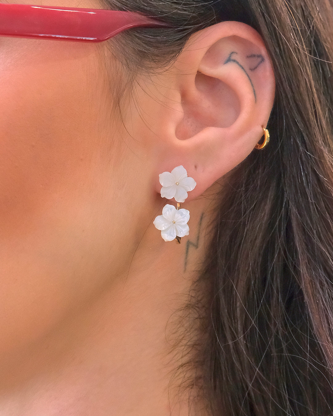 Pendientes dobles flores desmontables en plata baño de oro