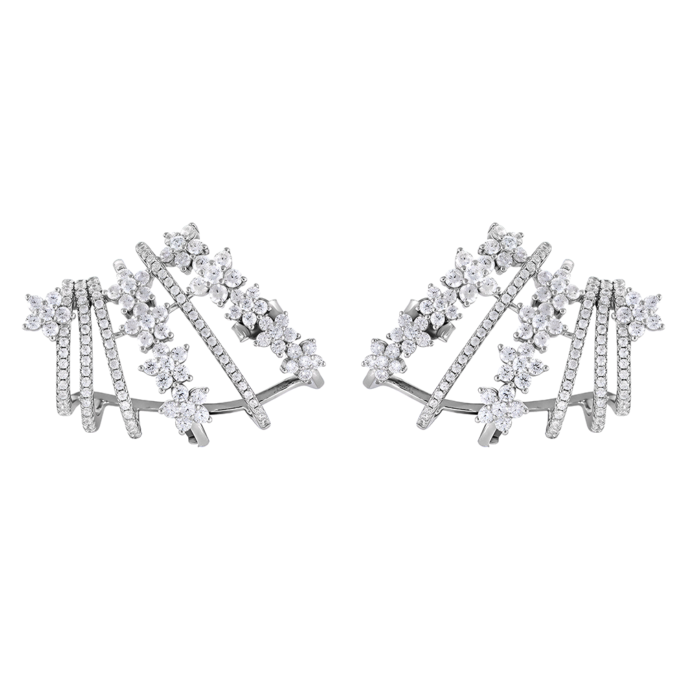Pendientes trepadores con filas de flores con circonitas