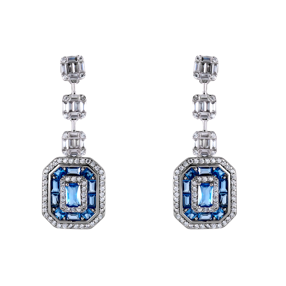 Pendientes en plata largos rosetas talla baguette aguamarina