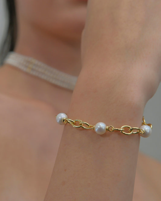 Pulsera eslabones con 3 perlas cultivadas