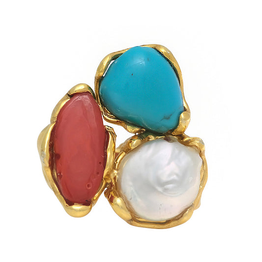 Anillo con coral, turquesa y perla ajustable