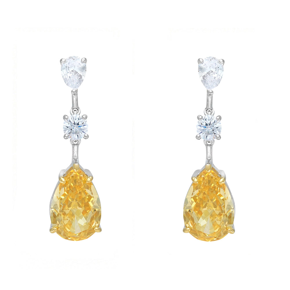 Pendientes largos en plata con piedras color diamante amarillo