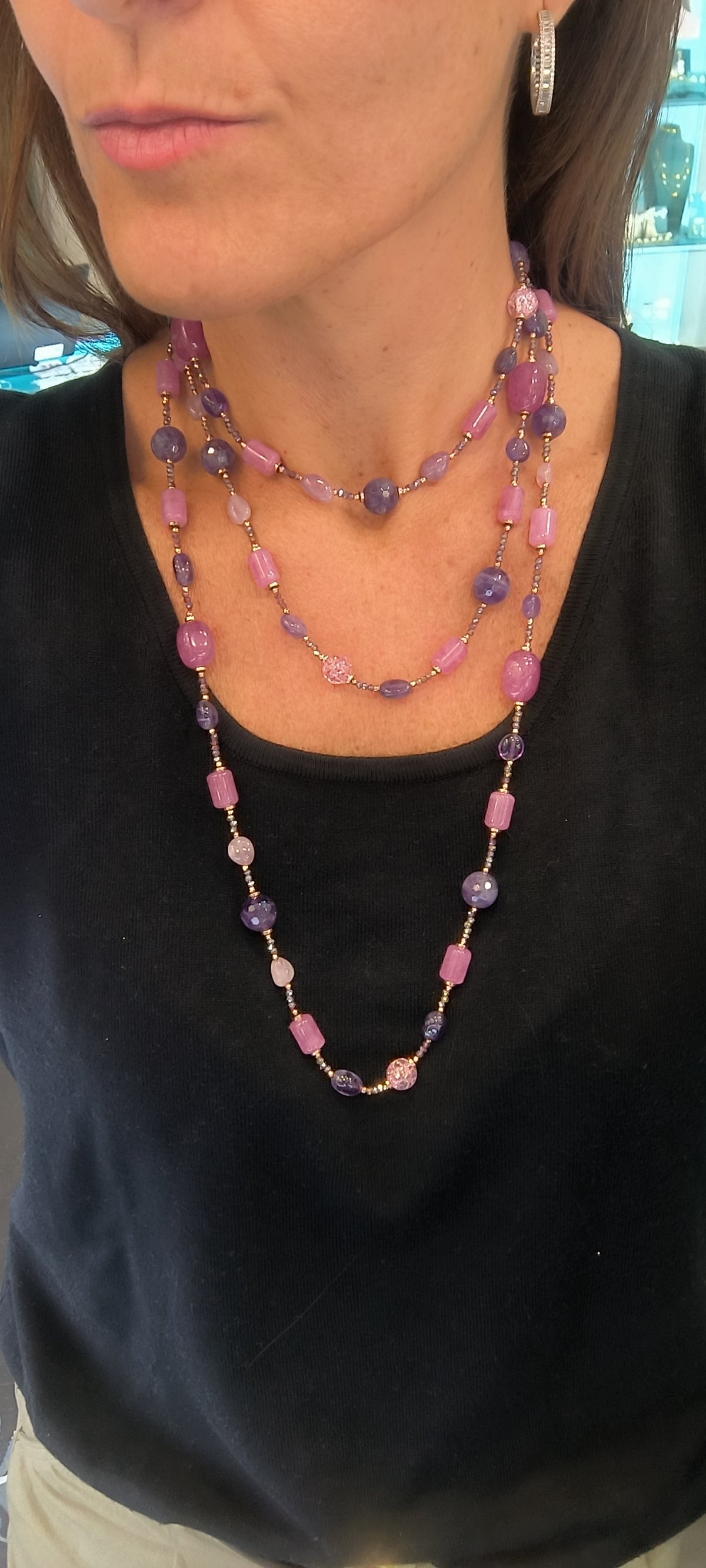 Collar largo piedras semipreciosas, ágatas de colores rosas