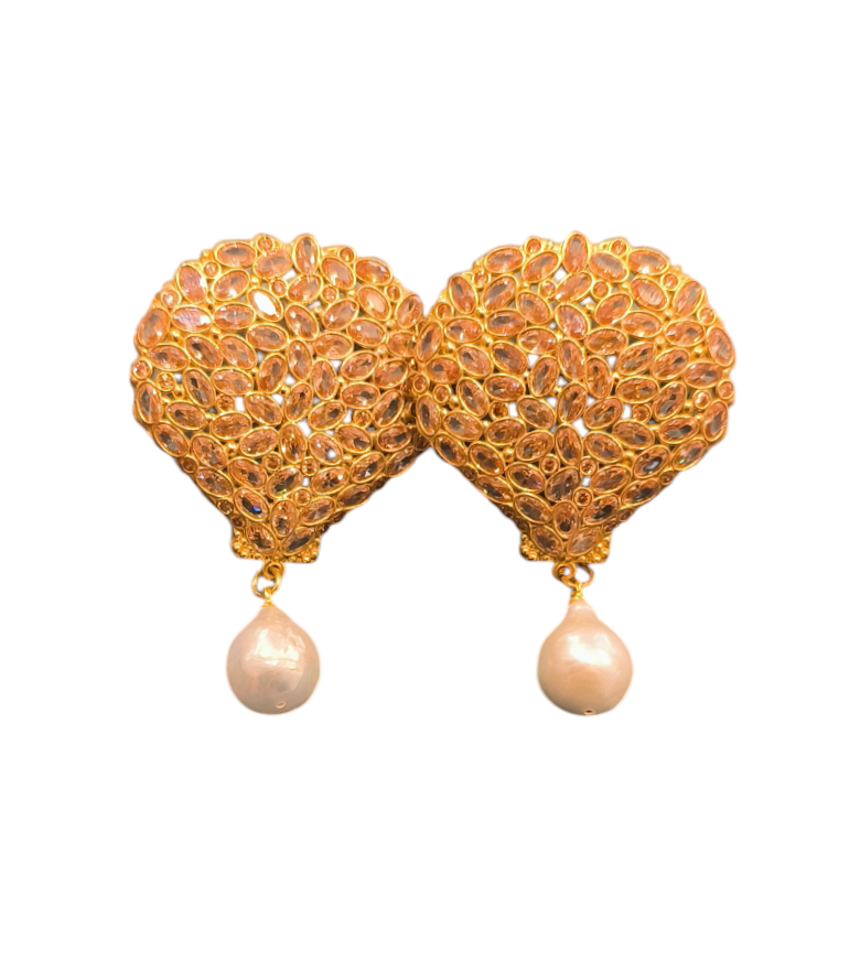 Pendientes bronce con baño de oro circonitas y perlas