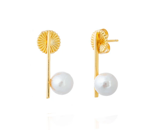 Long thin bar earrings with cultured pearl drop
