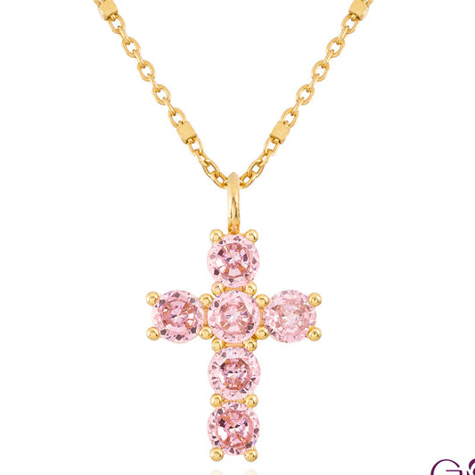 Silver cross with gold plating and pink zircons